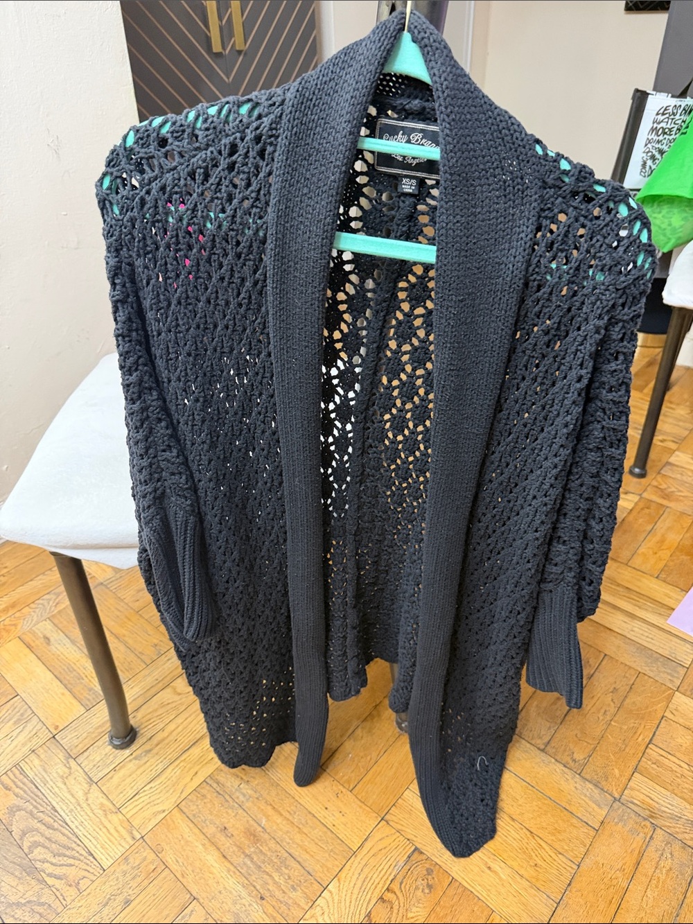 Lucky Brand Black Crochet Open-Front Cardigan